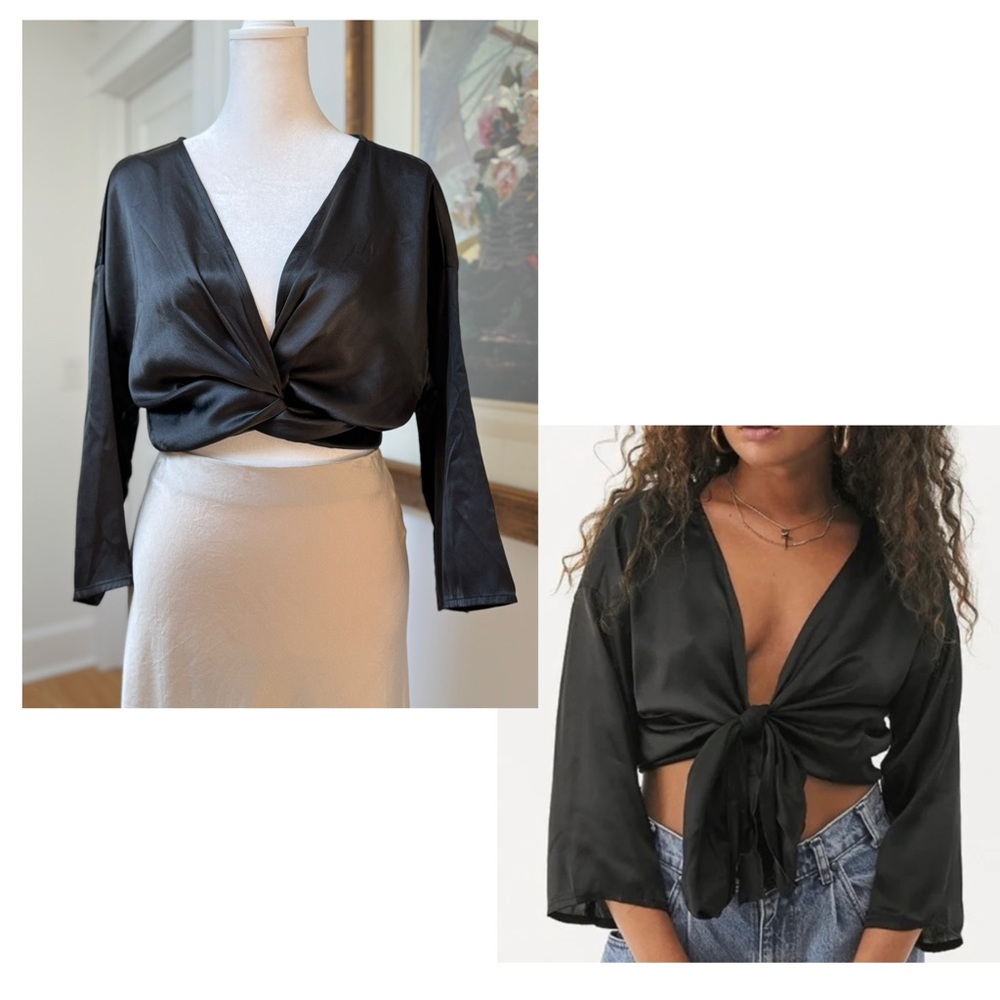 Urban outfitters Nicole Satin Tie-front Top • Black • Small